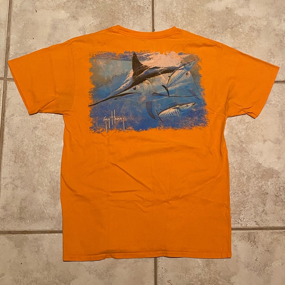 Guy Harvey Bluewater Marlin Fishing Short Sleeve Shirt w/ Front Pocket Orange